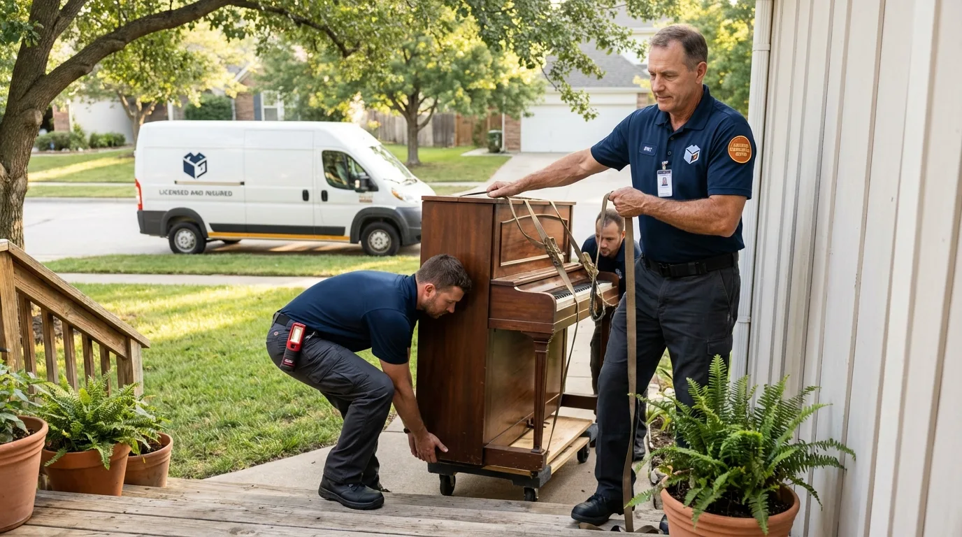 Licensed piano movers securing grand piano in Byron, GA