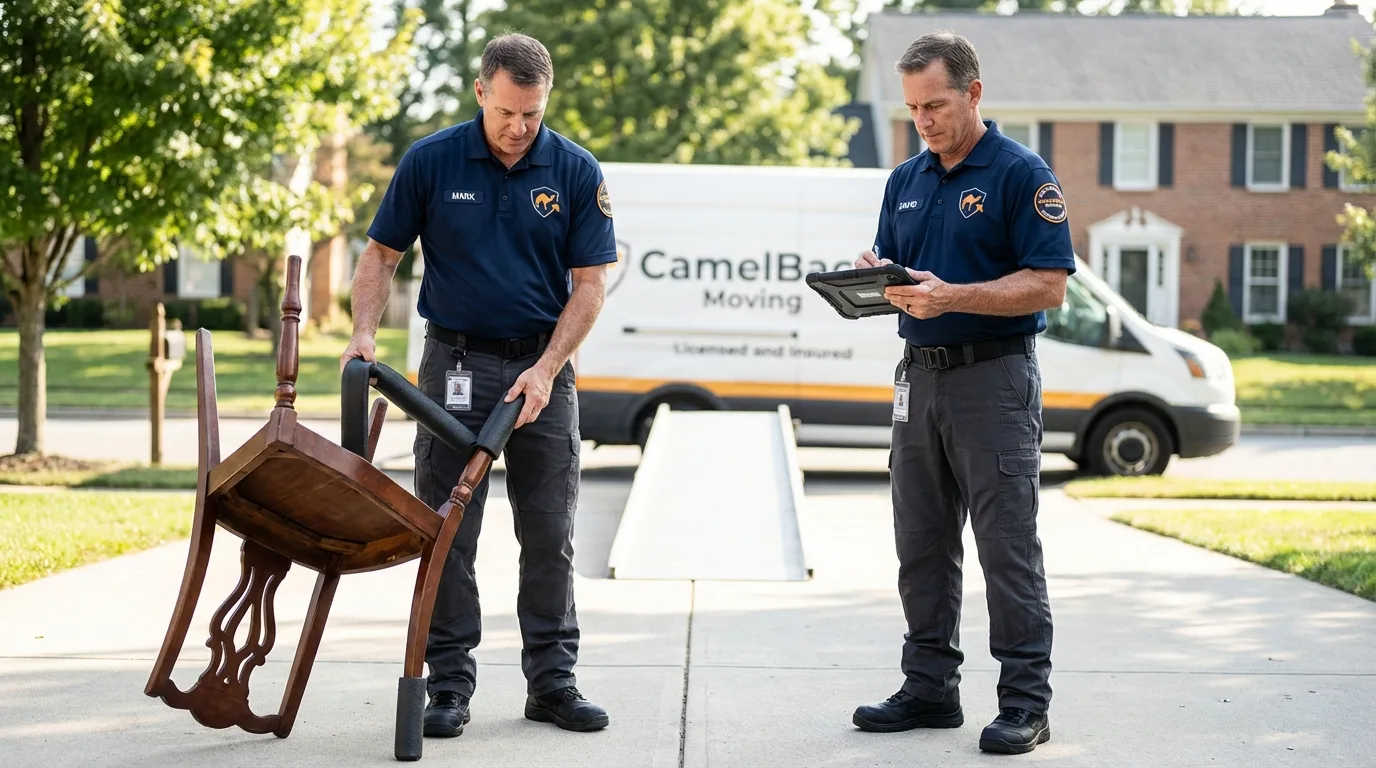 Movers inspecting furniture for damage prevention before loading in Byron, GA