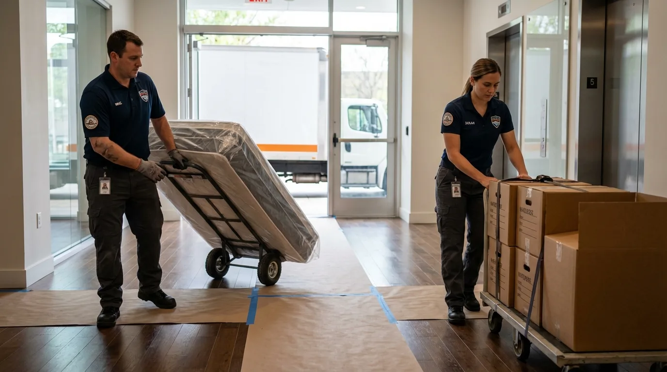 Professional apartment movers loading elevator in Byron, GA